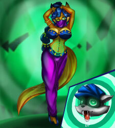breasts carmelita_fox dancer drool femdom fenrox fox_girl furry happy_trance harem_outfit hypnotic_accessory large_breasts malesub navel_piercing ring_eyes sly_cooper sly_cooper_(series) symbol_in_eyes