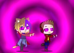 aceash50 blonde_hair blue_hair brown_hair cat_ears character_request clothed copyright_request eye_color_change fingerless_gloves gloves glowing_eyes headphones kaa_eyes malesub multicolored_hair short_hair spiral_background tagme tail zombie_walk