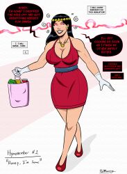 big_barda black_hair cleavage dc_comics dress earrings gloves glowing_eyes high_heels housewife long_hair necklace polmanning red_eyes smile speech_bubble stepfordization super_hero text