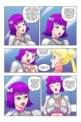  blonde_hair blue_eyes bow comic freckles hair_buns kimberly_smith_(daveyboysmith9) large_breasts long_hair open_mouth original purple_eyes purple_hair purple_lipstick sailor_moon sailor_moon_(series) short_hair text tight_clothing twintails wadevezecha 