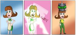  absurdres apron brown_hair clothed comic earrings female_only femsub green_eyes hand_on_hip jimmy_neutron_(series) judy_neutron milf mole necklace open_mouth red_lipstick sequence solo somnowalkerx standing standing_at_attention text uniform yolkian 