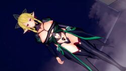  3d alternate_costume animated blonde_hair blush boots bouncing_breasts bow cape cleavage collar crotch_tattoo earrings elf elf_ears empty_eyes erect_nipples female_only femsub happy_trance high_heels huge_breasts koikatsu! leafa looking_at_viewer moawi1 nail_polish navel ponytail red_eyes smile solo sword_art_online tattoo thigh_boots thighhighs video 