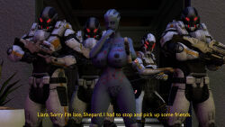  3d alien alien_girl armor asari blue_skin body_writing breasts cerberus corruption exhibitionism femsub finger_in_mouth finger_sucking gun large_breasts liara_t&#039;soni looking_at_viewer mass_effect nobleseven20 sword tally_marks text weapon 