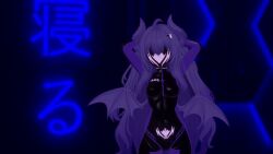  3d ahoge arms_above_head bangs bodysuit breasts collar crotch_tattoo demon_girl faceless gloves hair_ornament horns japanese_text jeselka large_breasts long_hair opera_gloves original purple_hair rubber standing tech_control very_long_hair wings 