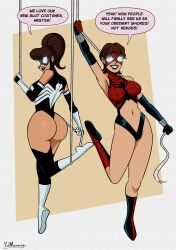  black_lipstick brown_hair dialogue english_text erect_nipples female_only femsub glowing_eyes large_ass lipstick marvel_comics mask midriff nipples polmanning ponytail short_hair signature smile speech_bubble spider-girl spider-man_(series) text white_eyes 