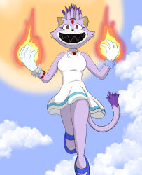 absurdres alternate_costume bare_legs bare_shoulders blaze_the_cat boo_(sonic) bracelet breasts cat_ears cat_girl cat_tail dress eye_color_change facial_markings femsub flame floating furry gloves halloween happy_trance jewelry legs lucas742 multicolored_eyes necklace outdoors ponytail possession princess purple_hair red_eyes royalty sharp_teeth smile sonic_adventure_2 sonic_rush sonic_the_hedgehog_(series) tail yellow_eyes