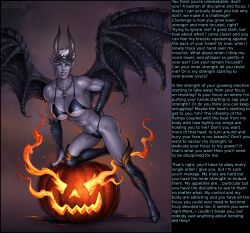  bikini boots breasts candra caption cleavage demon demon_girl elf_ears female_only femdom grey_skin horns huge_breasts knee-high_boots legs male_pov midriff monster_girl mr.smith_(manipper) muscle_girl pov pov_sub pumpkin text thigh_boots white_hair wings 