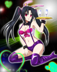  black_hair boots breasts bunny_ears cleavage empty_eyes expressionless fake_animal_ears female_only femsub glowing glowing_eyes heart high_school_dxd kneeling large_breasts long_hair looking_at_viewer manip misterman4_(manipper) navel open_mouth pink_eyes serafall_leviathan shadowart simple_background thigh_boots tray twintails waitress 