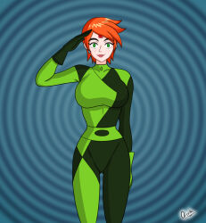 alerith ben_10 bodysuit empty_eyes future_gwen_tennyson gwen_tennyson happy_trance kim_possible_(series) latex orange_hair saluting shego tech_control