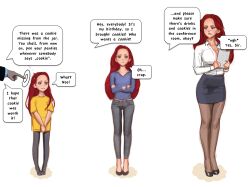  age_progression cleavage disgustinggirl_(manipper) femsub humiliation jeans jeff_macanoli loli maledom manip miniskirt office_lady original pants pantyhose red_hair skirt small_breasts spiral_eyes symbol_in_eyes text trigger urination wet_clothes 