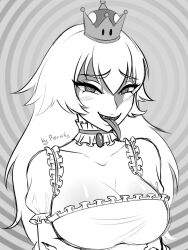 booette breasts cleavage fangs frills large_breasts long_hair new_super_mario_bros._u_deluxe nintendo porniky simple_background sketch smile spiral_eyes super_crown super_mario_bros. symbol_in_eyes tongue tongue_out