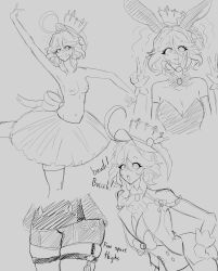 a_singular_fish ahoge arm_warmers ballerina bare_shoulders blush bow_tie bunny_ears bunny_girl bunnysuit cheek_squish chicken_pose cleavage collarbone cuffs dancing double_v drool eyebrows_visible_through_hair fake_animal_ears female_only femsub furina_(genshin_impact) genshin_impact grey_background hand_on_another's_cheek happy_trance hat jacket jewelry legs nipples open_mouth pet_play ribbon short_hair shorts simple_background smile solo spiral spiral_eyes suit symbol_in_eyes text thick_thighs thighhighs thighs top_hat topless