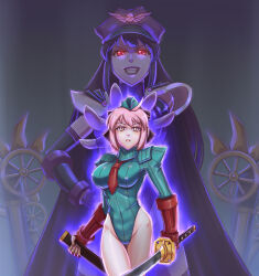 ahoge assimilation aura beret black_hair cap capcom cape clothed corruption crossover evil_smile expressionless fate/grand_order fate_(series) femdom femsub fingerless_gloves gloves glowing glowing_eyes hand_on_hip happy_trance hat hypnotized_dom hypnotized_hypnotist leebigtree leotard m._bison oda_nobunaga_(fate) okita_souji pink_eyes pink_hair possession red_eyes shadaloo_dolls short_hair smile street_fighter sword thighs very_long_hair weapon