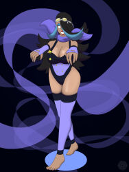  absurdres admin_shelly barefoot black--wave black_hair breasts cleavage dark_skin female_only goggles goggles_on_head happy_trance large_breasts lipstick long_hair makeup malamar malamar_outfit nintendo pokemon pokemon_omega_ruby_and_alpha_sapphire smile team_aqua thighhighs whitewash_eyes zombie_walk 