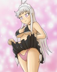 ahoge bare_legs bikini_top blush collarbone empty_eyes female_only femsub happy_trance latex maid maid_headdress mythkaz original panties pink_eyes simple_background skirt skirt_lift smile solo spiral_eyes standing symbol_in_eyes tagme underwear very_long_hair white_hair