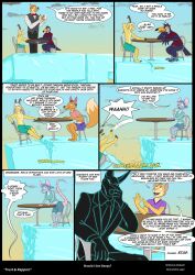  bare_legs cat_boy chair closed_eyes clothed comic darkwitt darkwitt_(darkwitt) dialogue dog_boy english_text facepalm fox_boy furry goat_boy humor lager lager_(lager) midriff multiple_boys navel original outdoors rat_girl shorts sitting smile speech_bubble suit surprised table tail text toucan_boy waiter 