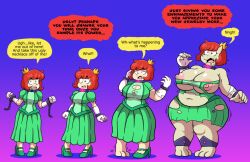  bbw before_and_after bondage breast_expansion breasts chains collar comic corruption crown dress fat femsub horns hypnotic_accessory jewelry large_breasts non-human_feet open_mouth original princess prinnydood red_hair sequence short_hair text transformation 