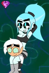  arms_above_head aura blue_hair blue_skin breasts danny_fenton danny_phantom_(series) ember_mclain femdom ghost ghost_boy ghost_girl green_eyes happy_trance hypnoscream large_breasts long_hair malesub nickelodeon ponytail short_hair smile spiral_eyes thighs white_hair 