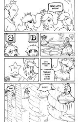 absurdres bare_shoulders bowsette breasts choker closed_eyes clothed comic crown dialogue dress earrings elf_ears english_text gloves greyscale hair_covering_one_eye horns jesturia jewelry long_hair multiple_girls new_super_mario_bros._u_deluxe nintendo open_mouth opera_gloves ponytail princess princess_daisy princess_peach princess_rosalina royalty speech_bubble super_crown super_mario_bros. super_mario_galaxy tagme text