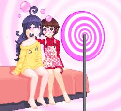  ahoge animated animated_gif annie_(fabius) barefoot bed black_eyes brown_hair bubble dress fabius femdom femsub freckles glasses hand_on_another&#039;s_cheek hand_on_head hypno-tan long_hair pixel_art purple_hair shirt short_hair spiral spiral_background spiral_eyes sweater 