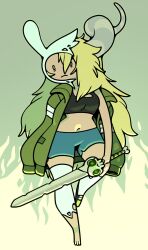  absurdres adventure_time blonde_hair discount_supervillain expressionless femsub fionna_the_human green_eyes indifferent lich_(adventure_time) possession shorts sword tagme tomboy unaware 