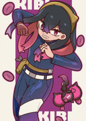  artist_request bangs belt black_hair bodysuit carmine_(pokemon) chicken_pose clothed eyebrows_visible_through_hair female_only femsub floating hair_band hypnotic_food long_hair looking_at_viewer mochi_dance mole multicolored_hair nintendo pecharunt pink_hair pokemon pokemon_(creature) pokemon_scarlet_and_violet purple_eyes purple_hair thigh_gap tight_clothing 