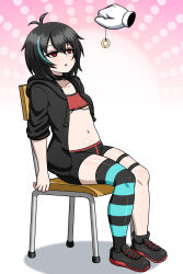  alice_(er-ikaa) black_hair chair choker coin collarbone crop_top empty_eyes female_only femsub heavy_eyelids navel open_mouth original pendulum red_eyes shoes short_hair shorts simple_background sitting small_breasts sneakers solo sweater thighhighs underboob yensh 