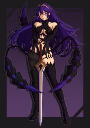  absurdres blue_hair boots border bracelet breasts corruption eye_color_change eyebrows_visible_through_hair female_only femsub fingerless_gloves fire_emblem fire_emblem_awakening fire_emblem_three_houses gloves gradient_background hair_color_change high_heels kronya_outfit long_hair lucina nintendo opera_gloves purple_background purple_eyes purple_hair signature simple_background smile solo sword underboob victoriamikoto weapon 
