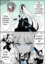    aesc_(fate) ahoge bare_shoulders blue_eyes blush border breasts bugmenotencore_(translator) closed_eyes corruption crown demon demon_girl dress embarrassed english_text eyebrows_visible_through_hair fate/grand_order fate_(series) female_only glasses gloves hair_ornament hair_ribbon hard_translated hat heart humor kauderni kitchen large_breasts love love_potion morgan_le_fey_(fate) multicolored_hair multiple_girls open_mouth ribbon right_to_left ritsuka_fujimaru_(female) signature simple_background smile speech_bubble tail text thighhighs thought_bubble translated valentine's_day wings witch witch_hat yuri 