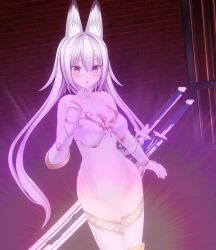  3d 3d_custom_girl animal_ears bare_shoulders before_and_after blush breasts cleavage cleavage_cutout female_only femsub gloves glowing hypnotic_light large_breasts leotard light_skin setonoyorimiti solo surprised sword thighhighs thighs very_long_hair weapon white_eyes white_hair 