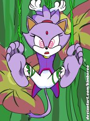 absurdres barefoot blaze_the_cat bondage cat_girl feet female_only femsub foot_focus furry hypnotic_plant kimberco open_mouth plant purple_hair solo sonic_the_hedgehog_(series) spiral_eyes symbol_in_eyes text