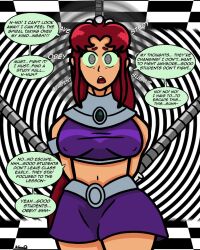  comic crop_top dc_comics dialogue erect_nipples female_only femsub kilroylucy18 long_hair mad_mod midriff miniskirt red_hair resisting spiral_eyes starfire tagme teen_titans 
