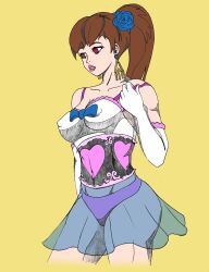 absurdres bottomless bow breasts bridal_gauntlets brown_hair bzurrrf corset d.va earrings empty_eyes erect_nipples female_only femsub gloves glowing glowing_eyes jewelry long_hair open_mouth opera_gloves overwatch panties ponytail see-through skirt underwear undressing wedding_dress