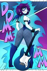  bodysuit boots comic eye_mask fishnets gacha_gotcha goth guitar kobi94 lilith_(gacha_gotcha) pale_skin purple_hair sharp_teeth short_hair text 