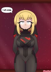  armor arms_behind_back bangs blonde_hair bodysuit collarbone dc_comics dumbskull empty_eyes eyebrows_visible_through_hair female_only femsub glowing_eyes grey_eyes looking_at_viewer my_adventures_with_superman short_hair solo standing standing_at_attention supergirl tech_control text thigh_gap tight_clothing 