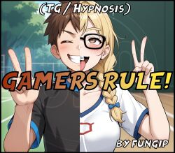 absurdres ahegao ai_art before_and_after blonde_hair brown_eyes brown_hair comic fungip_(generator) genderswap glasses smile t-shirt text tongue_out twintails v