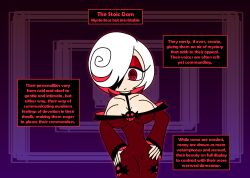 aged_up alternate_costume arm_warmers choker cleavage collarbone dress english_text eyelashes eyeshadow femdom hair_covering_one_eye hand_on_hip hourglass_figure hypnoscream large_breasts large_hips looking_at_viewer multicolored_hair pov_sub red_eyes ring_eyes sage_(sonic_frontiers) shiny_skin short_hair simple_background sonic_the_hedgehog_(series)