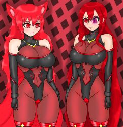  absurdres animal_ears anno_(anno) bangs bare_shoulders cleavage drone expressionless female_only femsub fox_ears gloves glowing_eyes hourglass_figure large_breasts leotard long_hair mitsuko_(goddessmitsuko) multiple_girls multiple_subs opera_gloves original purple_eyes red_eyes red_hair see-through simple_background sleepy_kai standing standing_at_attention tagme thighhighs very_long_hair 