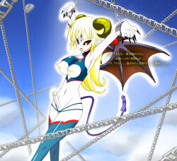 arms_above_head artist_request blonde_hair bondage breasts clothed_exposure corruption cum demon_futa elf_ears empty_eyes erect_nipples erection futa_only futanari futasub horns large_breasts nipple_cutout nipples open_clothes original penis penis_tail purification solo text thighhighs translation_request wings yellow_eyes