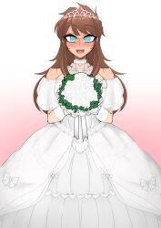  absurdres androgynous_sub blush bridal_gauntlets brown_hair choker crown dress eyebrows_visible_through_hair flower gloves gradient_background green_eyes happy_trance jewelry long_hair looking_at_viewer manip necklace open_mouth original ring_eyes simple_background smile solo symbol_in_eyes wedding_dress ysdo 