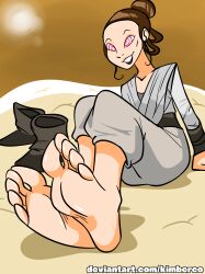 absurdres barefoot brown_hair feet female_only femsub foot_focus happy_trance huge_feet kimberco open_mouth rey_(star_wars) smile solo spiral_eyes star_wars symbol_in_eyes text