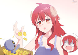 ahoge androgynous_dom antenna antenna_(biology) aware blush body_control box clothed coin empty_eyes expressionless eyebrows_visible_through_hair female_only femsub gojulas hand_on_head horns hypnovember long_hair machikado_mazoku money open_mouth red_eyes red_hair simple_background spiral_eyes tank_top thought_bubble unhappy_trance white_background yellow_eyes yoshida_yuuko_(machikado_mazoku)