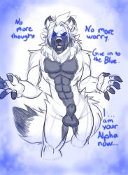 abs bottomless furry glowing glowing_eyes kram_(oldmangunda) looking_at_viewer male_only maledom muscle_boy nude oldmangunda original penis pov pov_sub short_hair sketch text topless traditional white_hair wolf_boy 