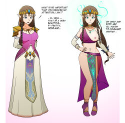  absurdres bare_legs before_and_after blue_eyes breasts brown_hair crown dialogue drool elf elf_ears english_text female_only femsub gloves green_eyes happy_trance harem_outfit hypnotic_accessory jewelry large_breasts legs long_hair necklace nexus_light nintendo nipples open_mouth princess princess_zelda see-through text the_legend_of_zelda topless twilight_princess 
