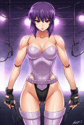 ai_art bare_shoulders darklord3014_(generator) empty_eyes expressionless femsub ghost_in_the_shell leotard lipstick motoko_kusanagi purple_hair red_eyes robot robot_girl stable_diffusion_(ai) standing standing_at_attention tech_control thighhighs wires