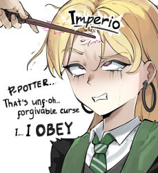  absurdres blonde_hair clothed draco_malfoy earrings english_text eye_color_change eye_roll eyeshadow femsub genderswap glatu harry_potter_(series) hypnotic_magic light_skin long_hair magic magic_wand makeup maledom open_mouth resisting school_uniform simple_background tears text tie trembling unhappy_trance white_background 