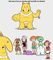 apopop breasts charlie_dompler coin dawn dialogue ditto gardevoir humor hypno large_breasts lopunny may misty pokemon smiling_friends text wide_hips