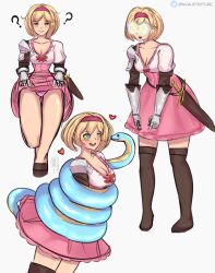  absurdres breasts coils confused djeeta_(granblue_fantasy) dress dress_lift drool empty_eyes femsub fortnite gloves granblue_fantasy happy_trance heart hypnot-eyes kaa_eyes leaning_forward looking_at_viewer multiple_views open_mouth panties simple_background slouching smile snake standing sword thighhighs transparenttexture weapon white_background yellow_eyes 