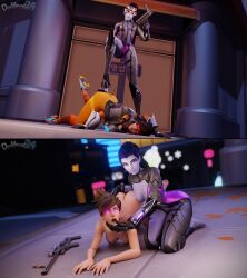  3d absurdres all_fours ass barefoot blue_hair bodysuit breasts brown_hair dart dochaunt drool evil_smile exposed_chest female_only femdom femsub finger_in_mouth glowing glowing_eyes hypnotic_drug kneeling nude overwatch purple_eyes purple_skin standing tracer watermark widowmaker 