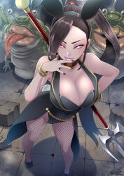  androgynous black_eyes black_nail_polish bracelet bunny_ears bunny_girl bunnysuit butcha-u character_request cleavage clothed collar corruption costume dragon_quest_(series) dragon_quest_xi drool eye_color_change fake_animal_ears femsub fishnets glowing_eyes green_skin hair_color_change happy_trance jade_(dragon_quest_xi) lipstick long_hair long_tongue looking_at_viewer makeup monster multicolored_eyes nail_polish pink_eyes ponytail possession red_eyes shoes slit_pupils smile square_enix tagme tongue tongue_out weapon 